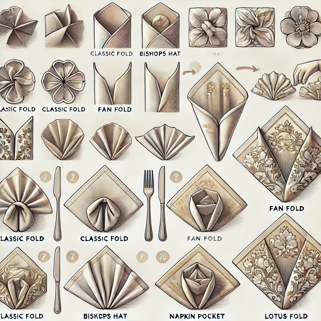 A collection of various napkin folding styles with detailed illustrations showing how to fold each one. The folds include_ Classic Fold, Bishop’s Hat,