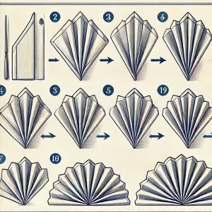 Step-by-step illustration of the Fan Fold napkin folding technique. Each step is clearly shown with arrows indicating the folds, starting with a flat